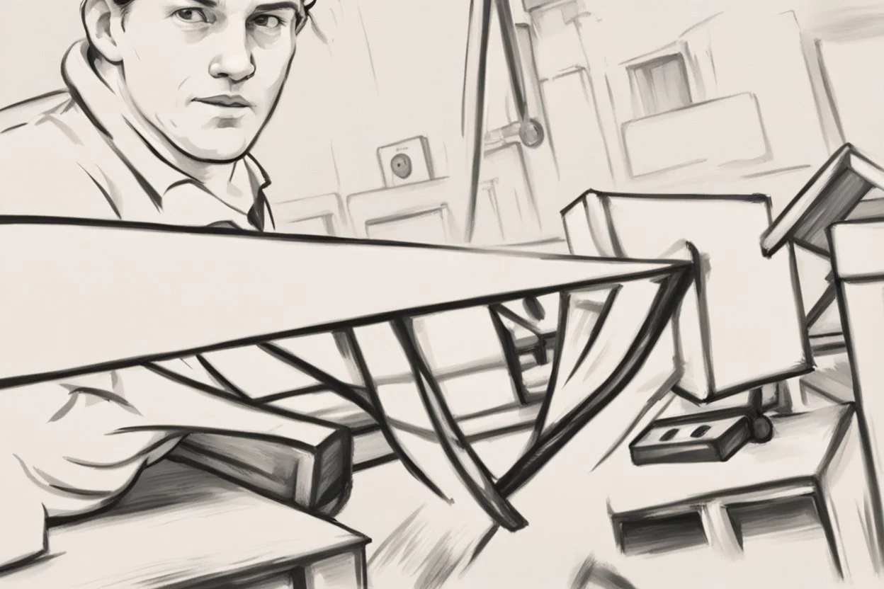 a swedish industry worker from sweden, very strong pushing a wooden crates and IBC along the floor in a factory,very basic sketch painting like the image i uploaded
