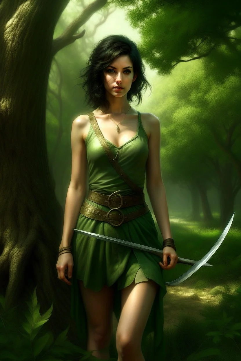 A young dark-haired witch in a green low-cut short skirt, standing under a tree, with a sword in one hand, photorealistic, delicate detail.