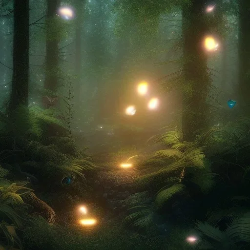 fireflies flying in the forest, ultra realistic, ultra highly detailed, shiny, smooth, studio quality, octane render, polaroid,--ar 1:1 --v4