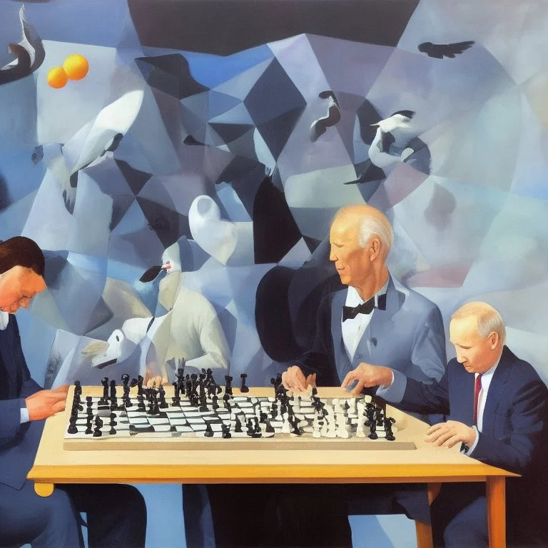 Putin, President Xi Of China And Joe Biden Play Chess With A Pigeon,Ufo,Complex Surgical Instruments Intermixed With A Newborn Boy,Minimalism,Painting By Adrian Ghenie,Rene Magritte,Pablo Picasso,Michelangelo,Salvador Dali,Lucian Freud