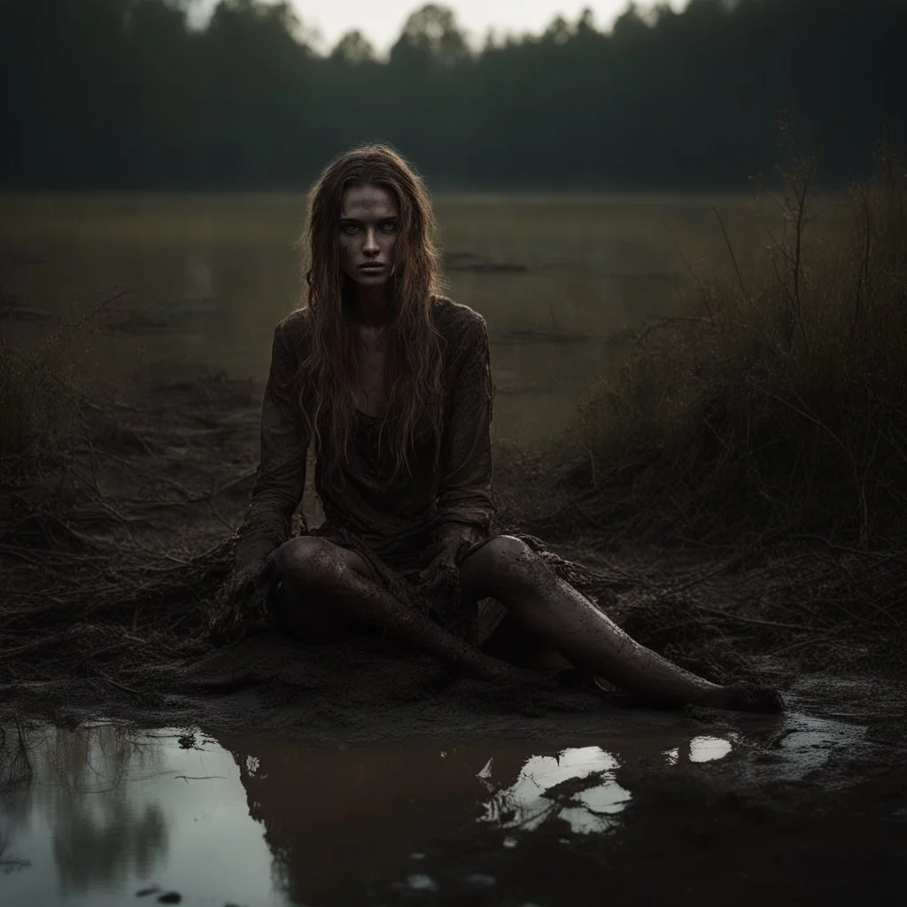 Beautiful female stringy dirty model partially covered with mud is sitting in the mud in a swampy moor, golden hour, an eerie apparition with a wolf appearing in the background, Highly detailed Portrait, 4k, 35mm, professional photography, natural light