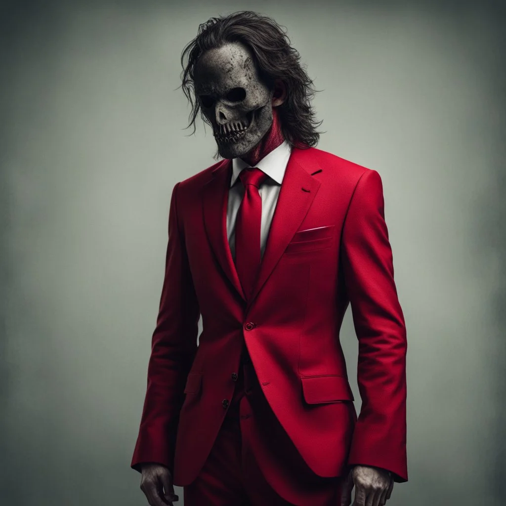 a sinister figure wearing a red suit with a red tie with no face and dirty hair