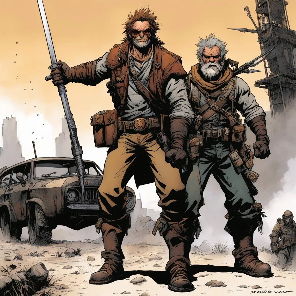 [squinch] ready to fight with post apocalyptic weapons: dusty and rusty [comic book art by Sam Keith and Bernie Wrightson]