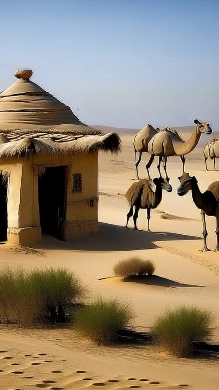 camels on desert, mud house