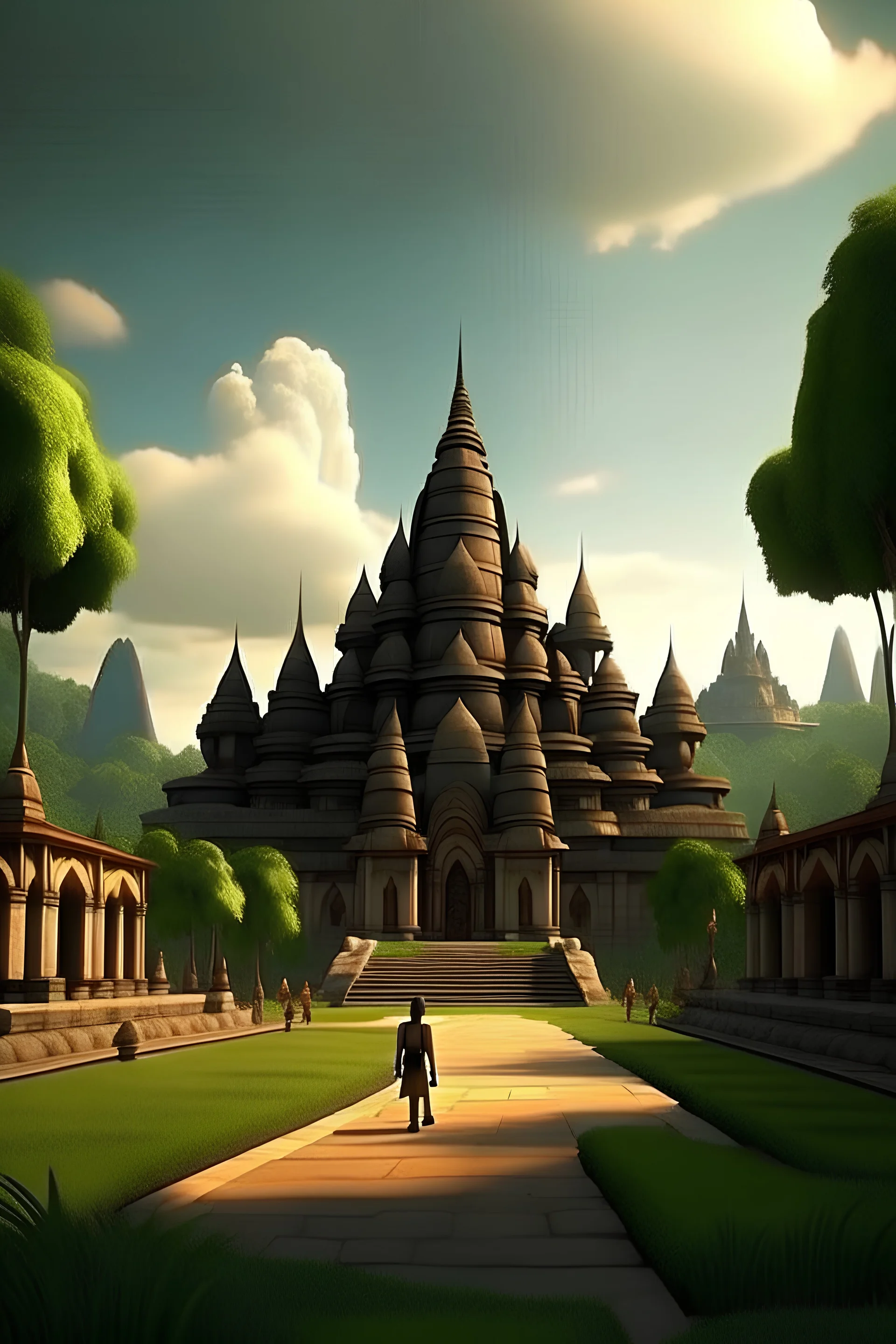 make Disney Pixar poster ambience prambanan temple. 3d animation