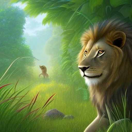 picture for children's book showing a cute lion behind tall grass in the jungle.