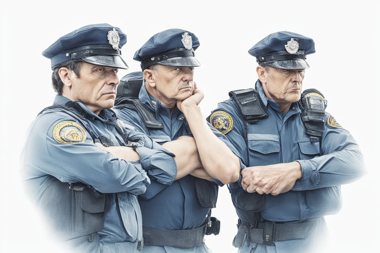 three policeman, staring at something off screen