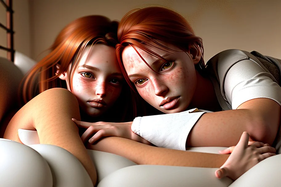 digital art of beautiful auburn hair teenage laracroft girls with grandpa in a bed, hugging grandpa bare lips