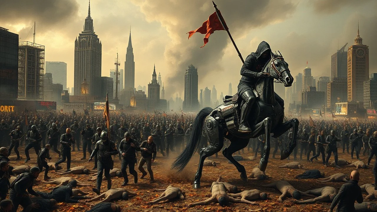 detalied cyberpunk interpretation of Bruegel's "The Triumph of Death", capturing the symbolic "harvest" of humanity with terror. dystopian metropolis under smog sky, cybernetic soliders reapers are executing physical harvest and many humans citizens killed army of cyberwarrior and robotic soliders, many panicking and run away people ,many human bodies lying on the ground. a cyber-death warrior in black hood with futuristic gun on an mechanical robotic horse, thriller, cinematic