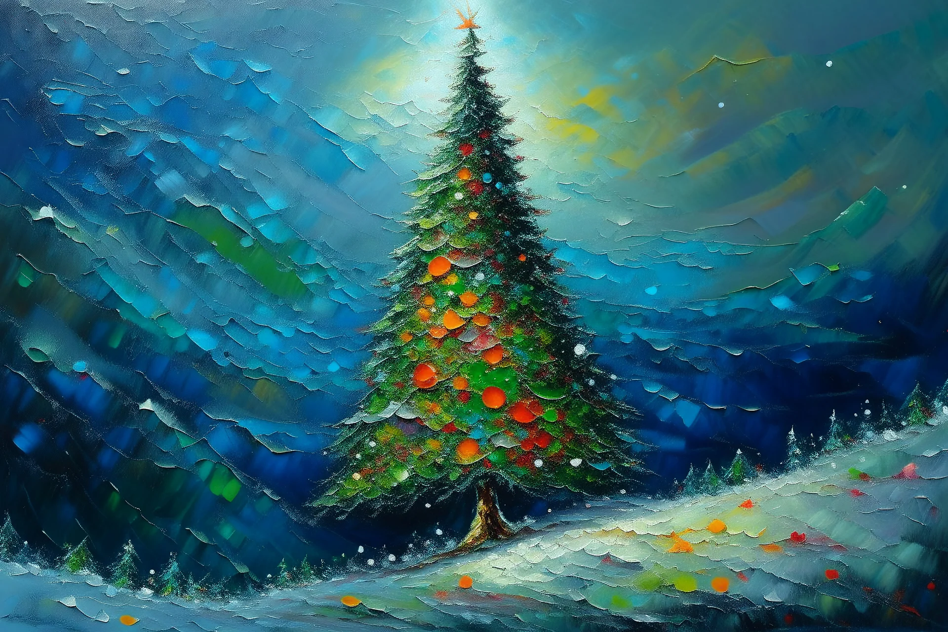 an thick impasto oil painting of a Christmas tree on a snowy mountainside. The tree has sparkling coloured lights