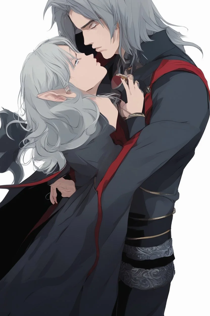 Couple from dnd kissing, woman with white hair wearing a dress, man with long black hair tunic and red cloak.