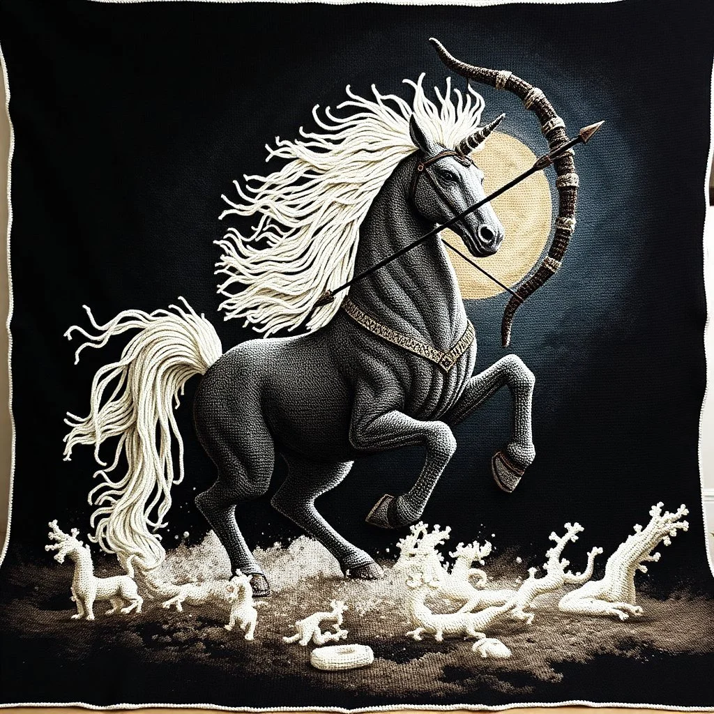 crochet yarn art, Crocheted blanket depicting a powerful Male Centaur rearing up while aiming a bow and arrow, extreme contrast, concept art, stunning, dramatic, intricate details, reminiscent of the stylized concept art of Ash Thorp, showcasing the beauty of crochet