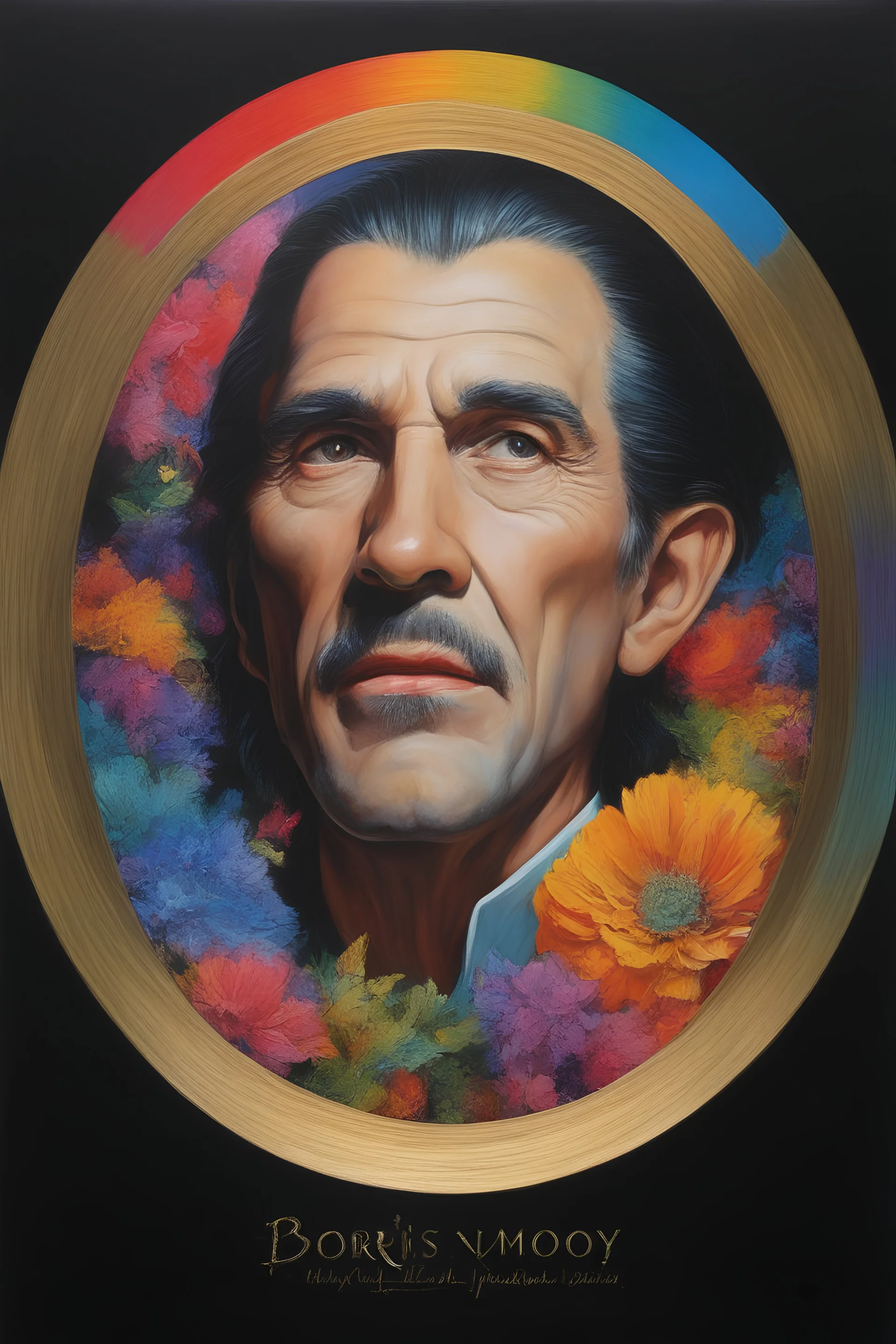 Count Dracula's face inside a small gold circle, Lenna Nimoy, multicolored, large, Floral/rainbow designs, atmospheric, beautiful, bright, vibrant colors, pitch-black background, oil painting by Boris Vallejo, 4k UHD, Photorealistic, professional quality