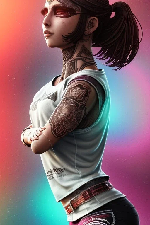 Athlethic Young woman, futuristic fantasy assassin character, portrait from waist up, intricate eyeliner, vibrant eyeshadow, clear completion, soft lighting, 4k resolution, intricate details, insanely detailed, white tank top, vibrant Japanese style tattoo sleeve, colorful cityscape background, masterpiece, expert, cinematic smooth, retroanime style, realistic details