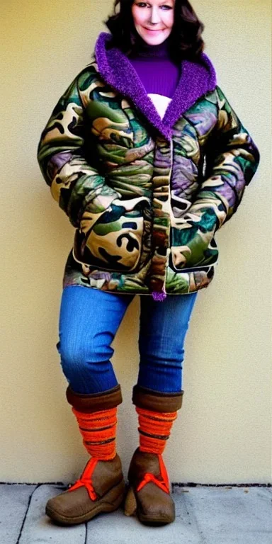 Brunette woman in her 30's. thick thighs, thick calves, flat belly, wide hip. Mantle is sewed of recycled Denim and sewed together of camouflage pieces. (Printed camouflage figures are orange,terracotta, cream and purple). It is with big bright purple felt tippet and cream-colored-hood. mantle is merged with satchel. . AKG-style headphones (gold rings!) is merged with small felt cap with small visor. Style: Haute Couture in 1936, Paris fashion in 2023, inspired by street art. latex gaiters