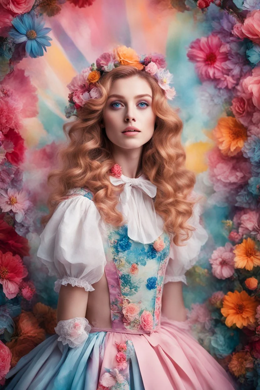 Realistic Photography beautiful Alice in wonderland, boheme chic outfit adorned with flowers, vibrant colors,photography inspired, soft pastels, brush strokes, ethereal, digital photography, beautiful and intricate patterns, delicate curls, rainbows, playful, stylish, high contrast, striking shadows, fantastical elements, modern twist, retro vibes, lively and energetic, surrealistic elements, kaleidoscopic patterns, dreamlike atmosphere, whimsical, effervescent, contemporary flair, eye-catching