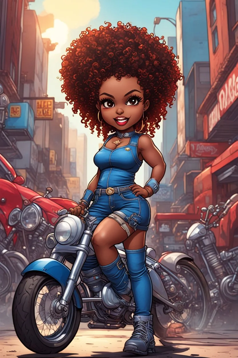 comic book art illustration of the chibi cartoon character, a voluptuous black female in a blue jean outfit with biker boots. Her prominent makeup and hazel eyes, along with her detailed red curly tight afro, are featured in this image, set against the background of a lively bike show.