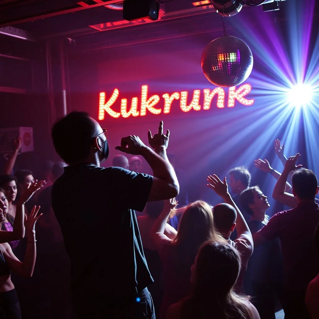 MR Kukrunk MC is Benny, and "DJ Roy" in a disco, dancing, "Kukrunk" on sign wall, disco light, strobe, disco ball, 1000 dancing people