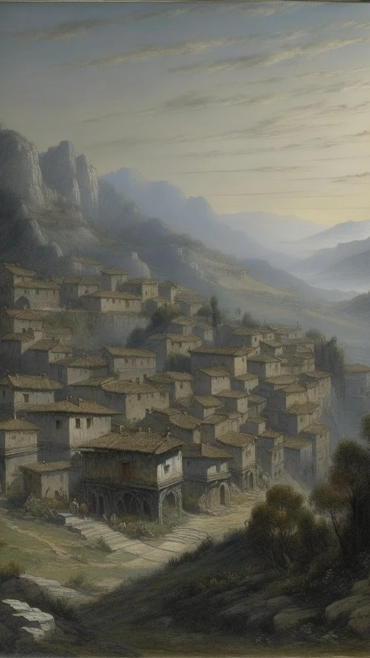 A gray village on a mountain painted by Francis Danby