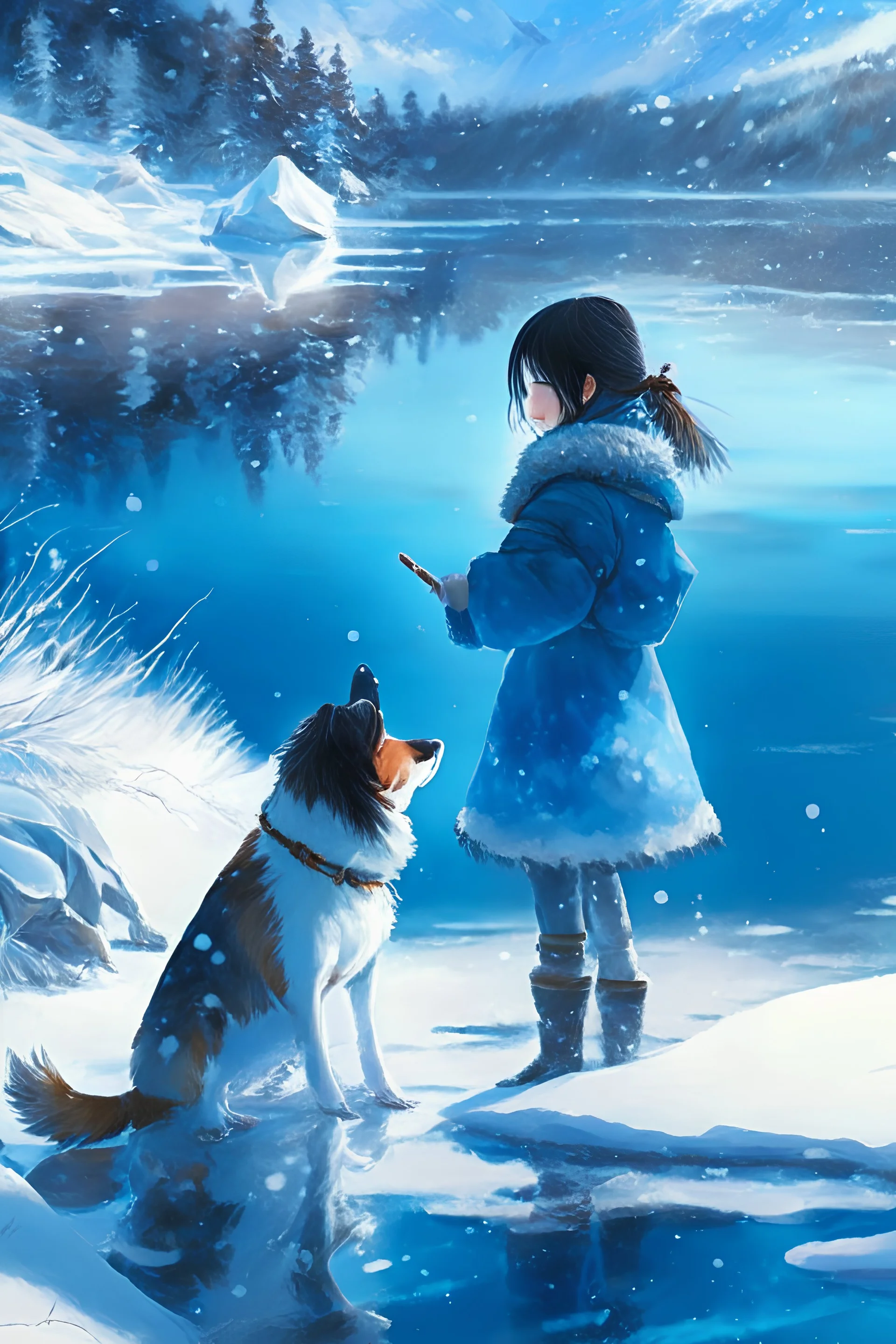 a japanese girl, playing with her dog in the snow, crystal blue lake next to them, happy, digital art, 4k