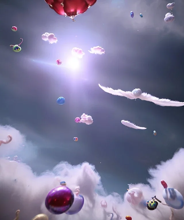 Ultra realistic speed clouds sky scene, wide angle view, strong men falling down with many Childs, circus clothing style, feather color clothing, free jumping flying, many trinkets, hair monster, many jelly beans, balls, color smoke, smile, happy, extreme, wind, clouds sea, 20,000 feet altitude, stratosphere, soft color, highly detailed, unreal engine 5, ray tracing, RTX, lumen lighting, ultra detail, volumetric lighting, 3d, finely drawn, high definition, high resolution.