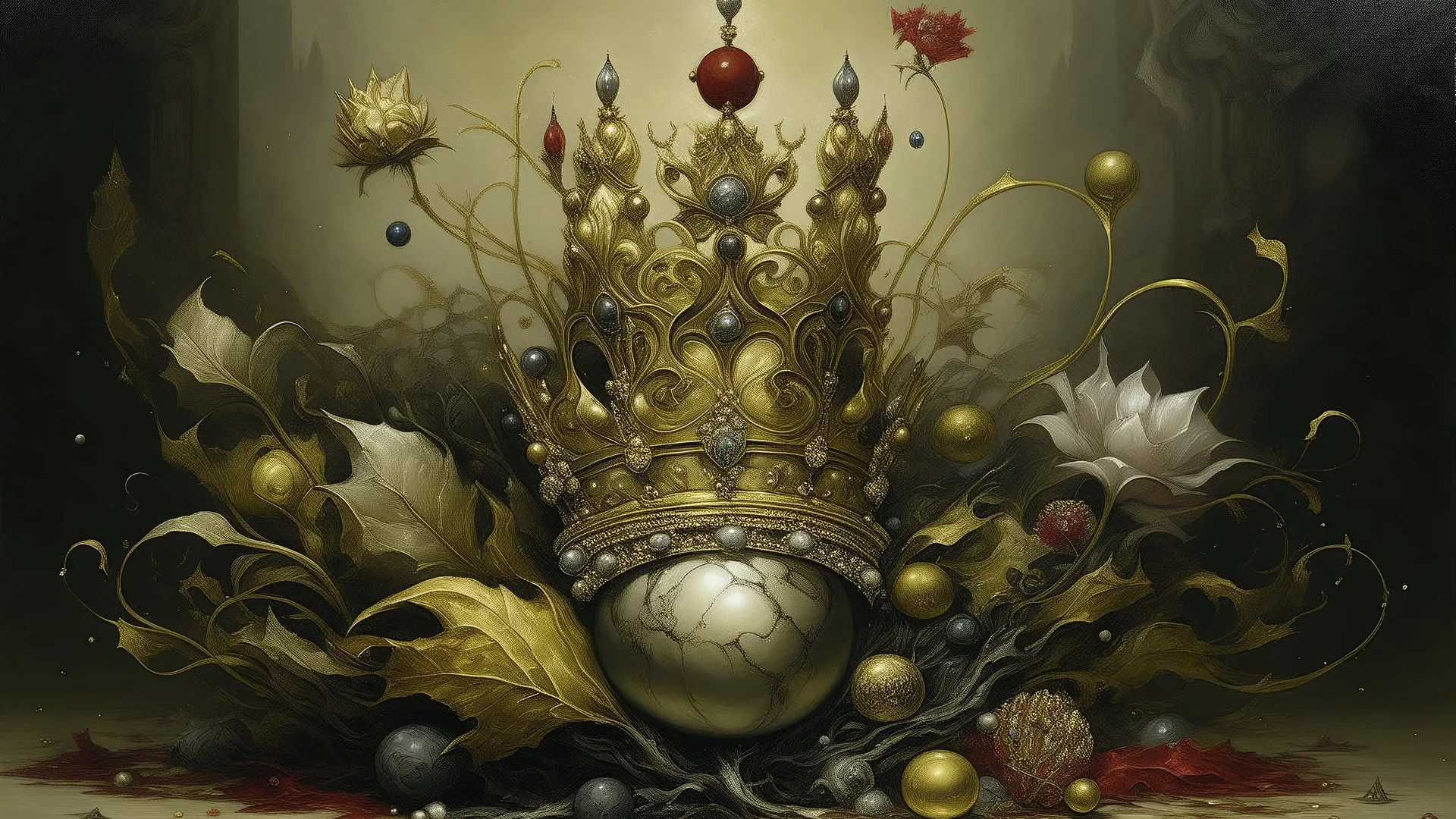 Artwork that evokes themes of opulence and decadence through organic forms and a tiny crown.