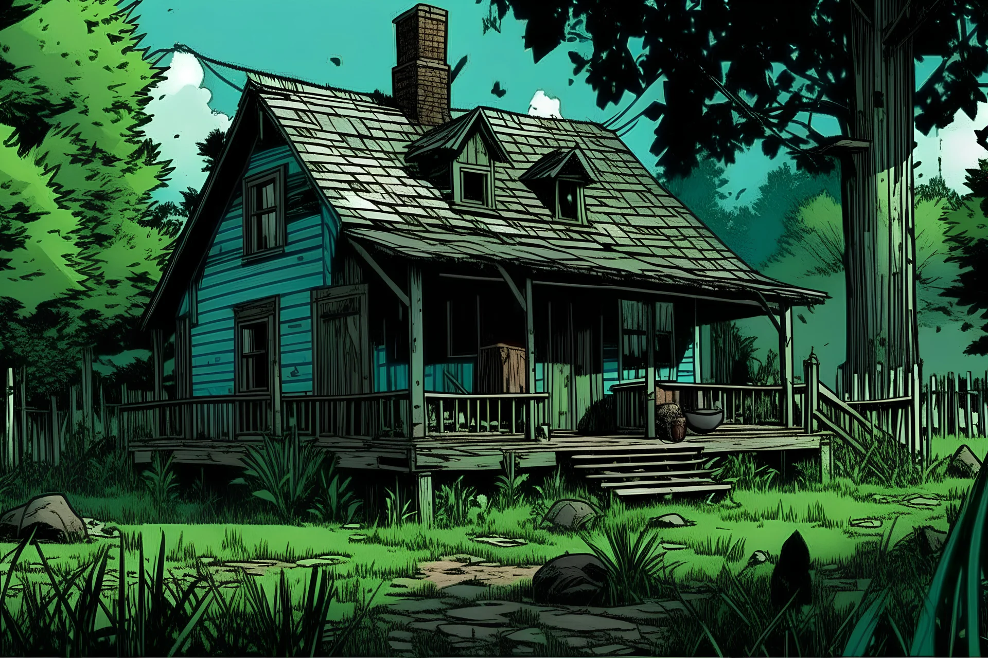 an very small ranch style house that has an unkept yard, comic book art in the style of travis charest