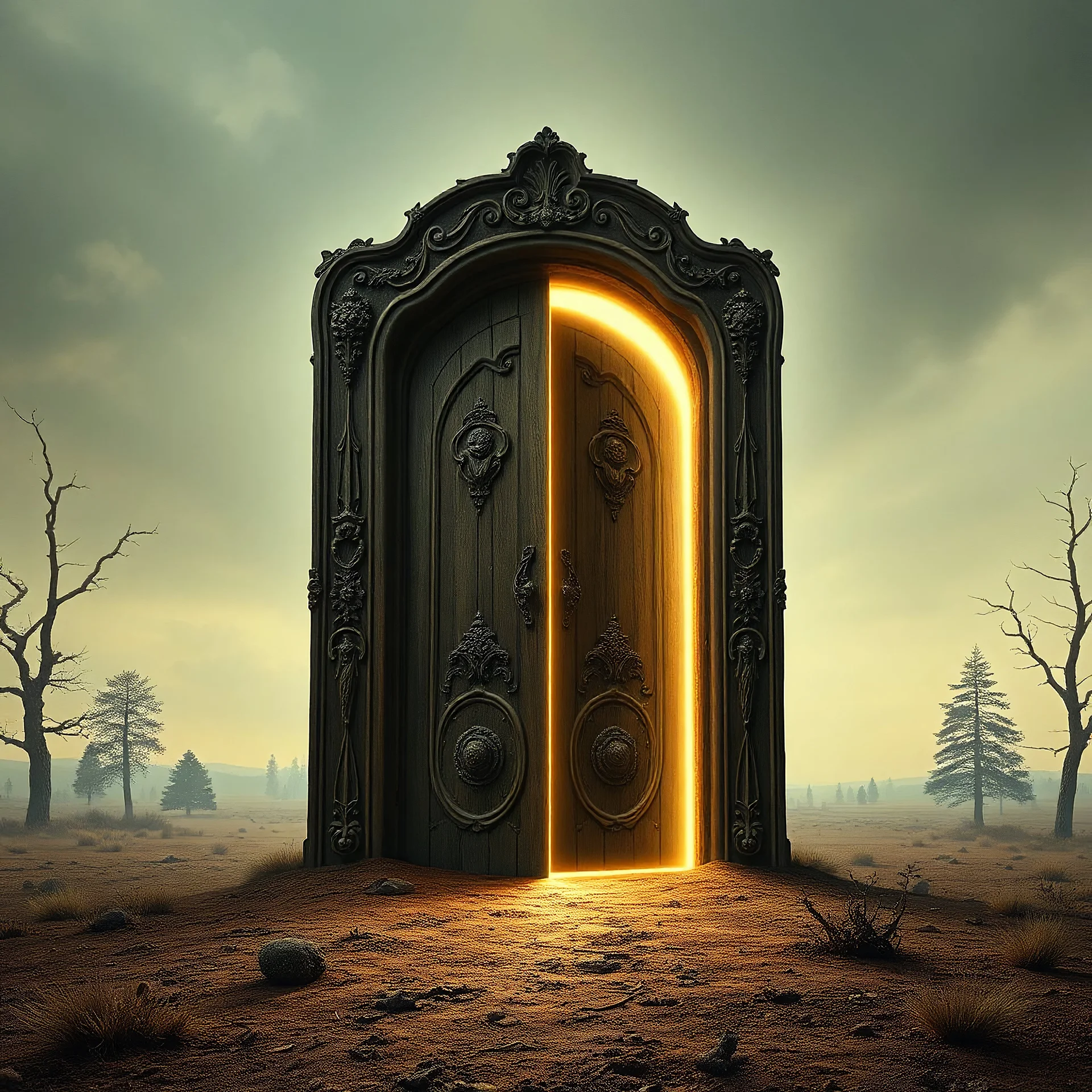 Imaginez une porte fermée en plein milieu d'une étendue déserte avec des arbres ci et là et menant on ne sait où. La porte est en bois ancien et patiné, ornée de sculptures complexes et rayonnant d'une lumière éthérée. La scène s'inspire des paysages surréalistes de Max Ernst et de l'onirisme de René Magritte, avec une touche d'élégance Art nouveau et d'horreur cosmique, créant un chef-d'œuvre d'une beauté époustouflante et envoûtante dans le style de Paul Delvaux