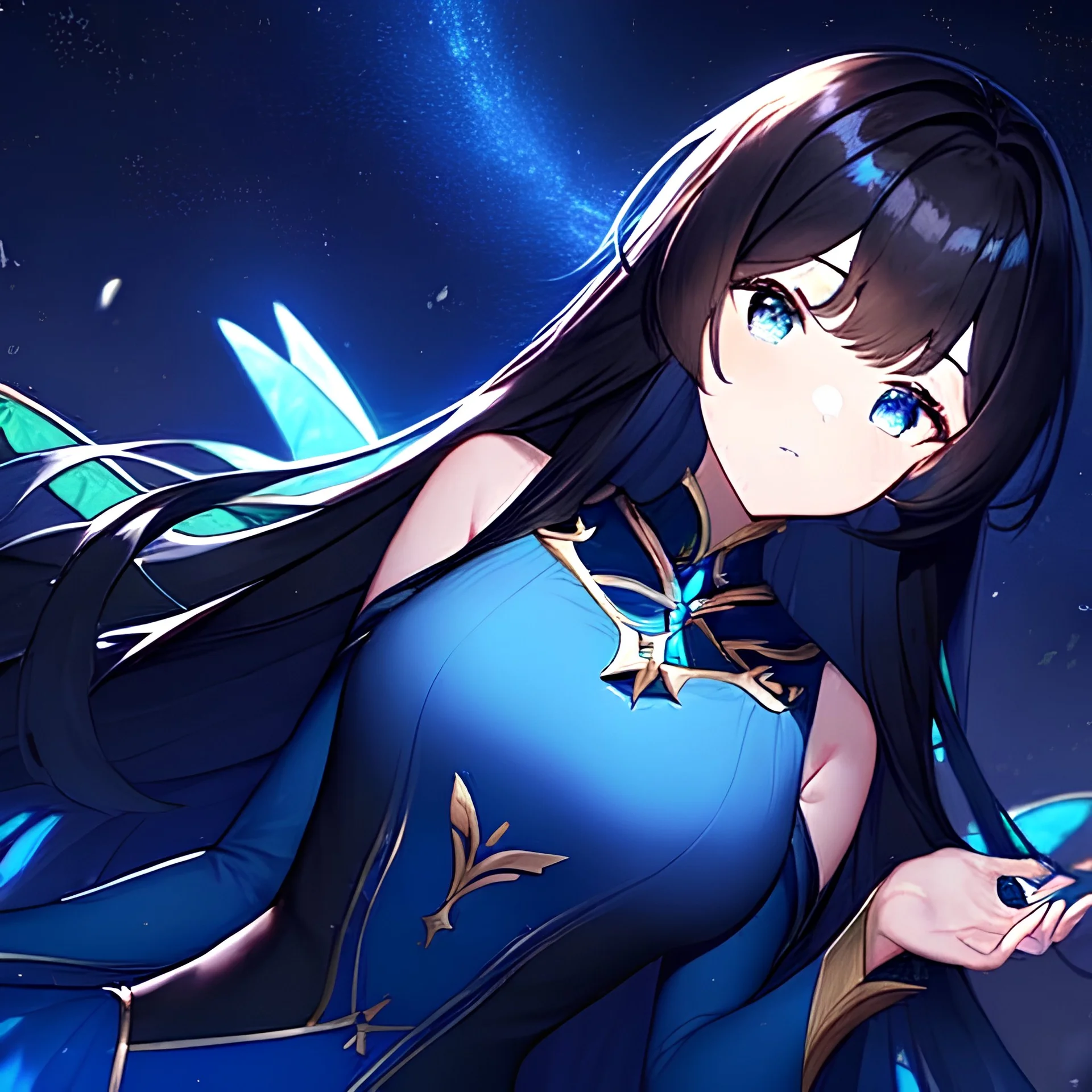 fairy elf girl with black straight hair and blue eyes surrounded by a starry night sky