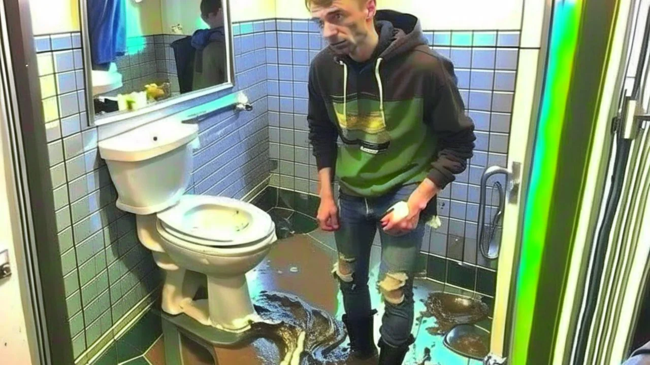 sewage floods bathroom and hallway because of boys playing with clogged toilet. One russian man stands on the sink