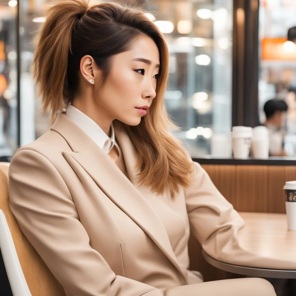 At a coffee shop in a shopping district. A Japanese actress tries on a cougar suit, she has a cougar head. The actress in a cougar suit with a cougar head sit inside and drink coffee. The actress's face and hair are not visible, her limbs are realistic, and the material is beige Lycra. View from the side.