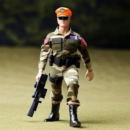 G.i. Joe toy camouflage khaki doll Donald Trump suntan orange face with boots full body in package high resolution 2019, in a box with gun