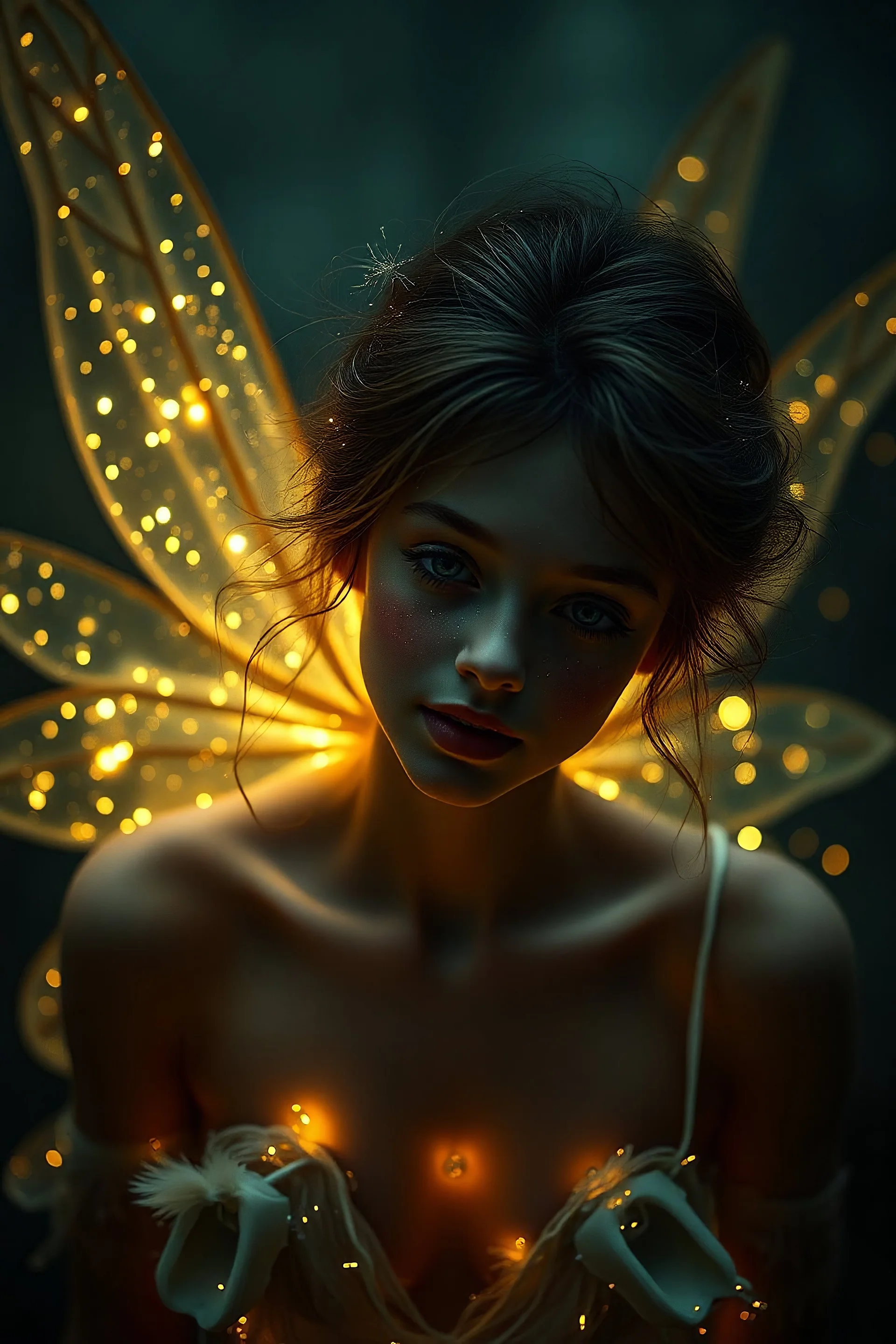 Extremely realistic photo of fairy ,with big sparkling tiny lights winks, fog, general foul weather, (Rembrandt Lighting), zeiss lens, ultra realistic, (high detailed skin:1.2), 8k uhd, dslr, Dramatic Rim light, high quality, Fujifilm XT3, artwork in pale distressed tones , minimalistic approach, blends old world aesthetics art with elements of distressed painting and illustration, shadow play, high conceptuality, palette inspired by Charlene Mc Nally, Carne Grif