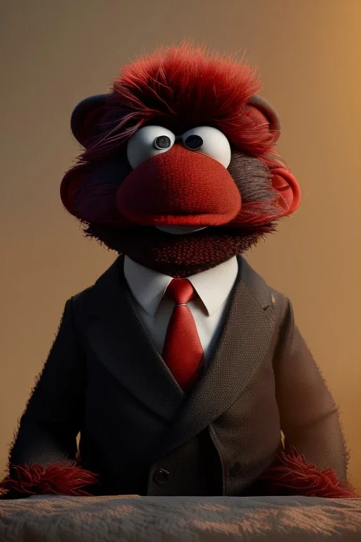 Waist up muppet Portrait, Kim Jong-un as muppet doll, black suit, photo studio, red background, unreal engine 5, concept art, art station, god lights, ray tracing, RTX, lumen lighting, ultra detail, volumetric lighting, 3d.