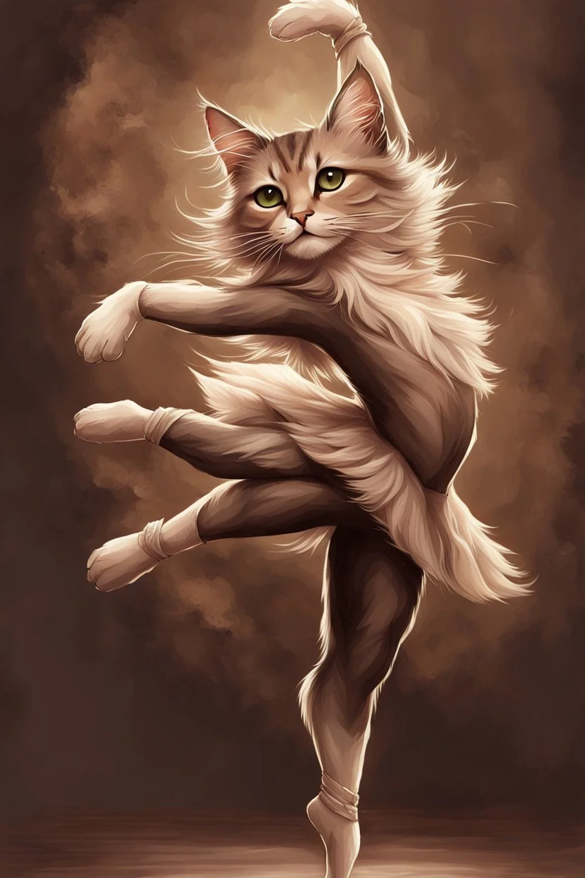 mesmerizing fantasy illustration featuring a feline dancer in a captivating ballet pose. The cat's fur is a blend of soft, muted tones, with one paw raised above its head and the other stretched out to the side. Its eyes are wide open, displaying an expressive and captivating look. The background is a muted brown, creating an atmosphere of mystique.