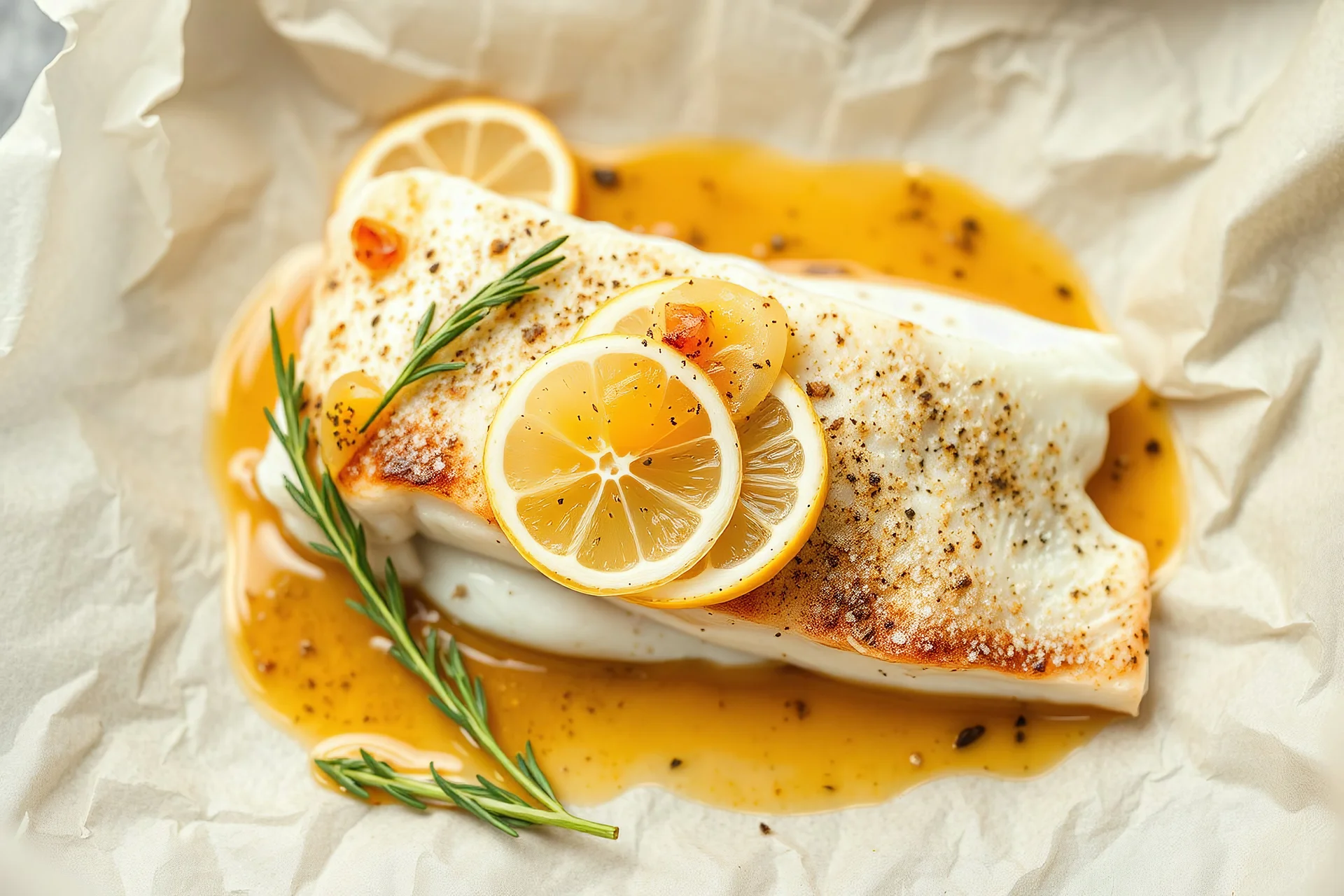 cod fillet with slices of fennel onion and lemon confit on top baked in baking paper