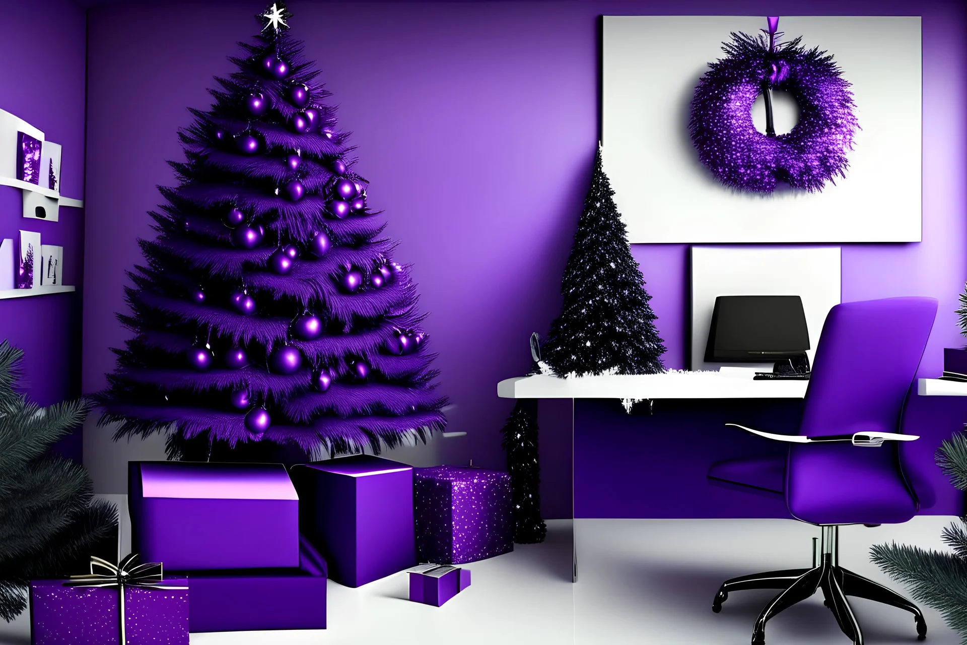 Photo realistic modern managers office background decorated for the holidays, 3d, decorations on tree in purple, realistic