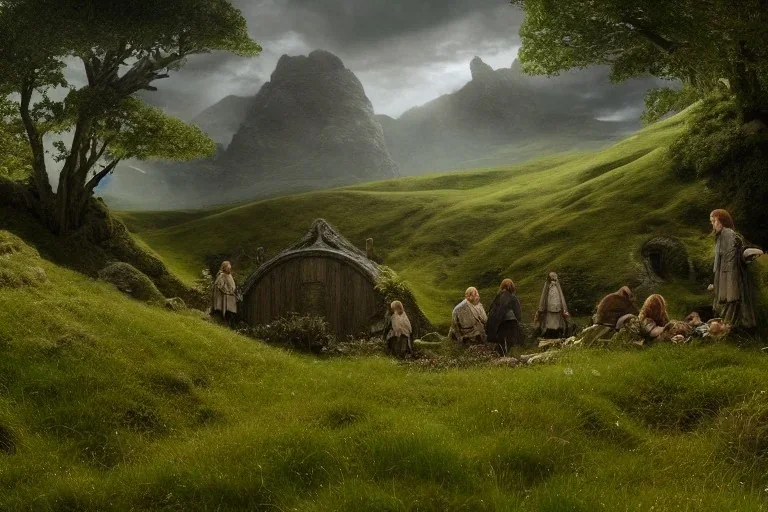 Hobbits in the shire, beautiful scenic landscape, lord of the rings, wide angle, super highly detailed, professional digital painting, artstation, concept art, smooth, sharp focus, no blur, no dof, extreme illustration, unreal engine 5, photorealism, hd quality, 8 k resolution, cinema 4 d, 3 d, beautiful, cinematic, art by artgerm and greg rutkowski and alphonse mucha and loish and wlop