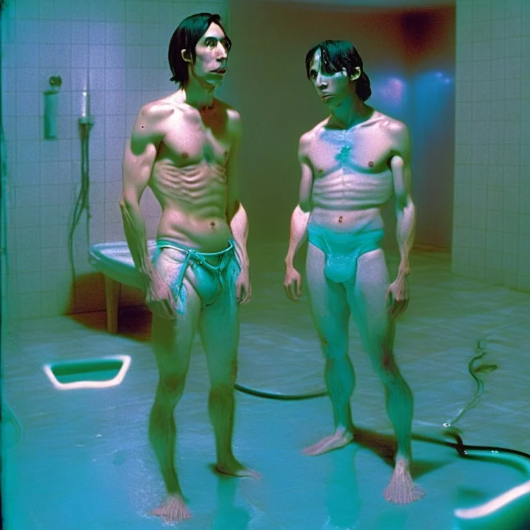 Justin long and his buf boyfriend are standing above thier pool showered spa heater while in tight loincloths and Nickolas is flexing there muscles while illuminated by the ambient teal glowing on the glowing marbled floor made of long flat marble slabs, the ground next to the clinical yard is in the style of primitive art. metalworking mastery, fawncore, the immaculately composed quality of this photo shows the artist was taken with provia, detailed wildlife, isaac grünewald, rustic simplicity