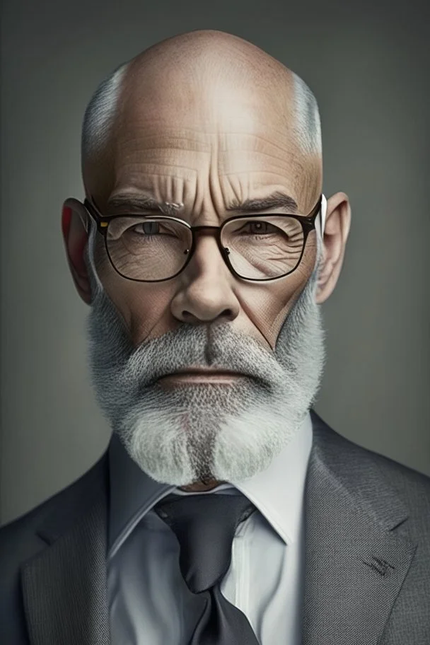 realistic photo portrait of a cocasian middle age bald man, short trimmed silver-gray beard, wearing glasees and black suit