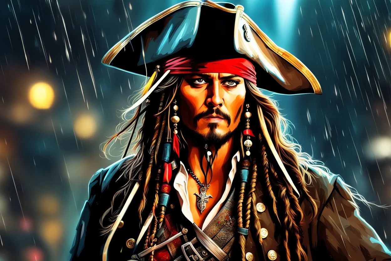 Johnny deep in 8k anime realistic drawing style, Jack Sparrow them, pirate custom, close picture, rain, neon, intricate details, highly detailed, high details, detailed portrait, masterpiece,ultra detailed, ultra quality