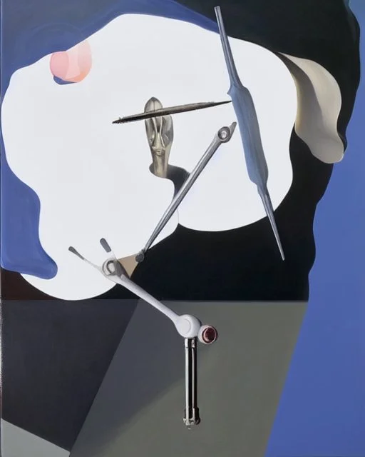 human body, universe-like light, complex surgical instruments mixed with a newborn boy,minimalism,Painting By Adrian Ghenie, Rene Magritte, Salvador Dali, Lucian Freud