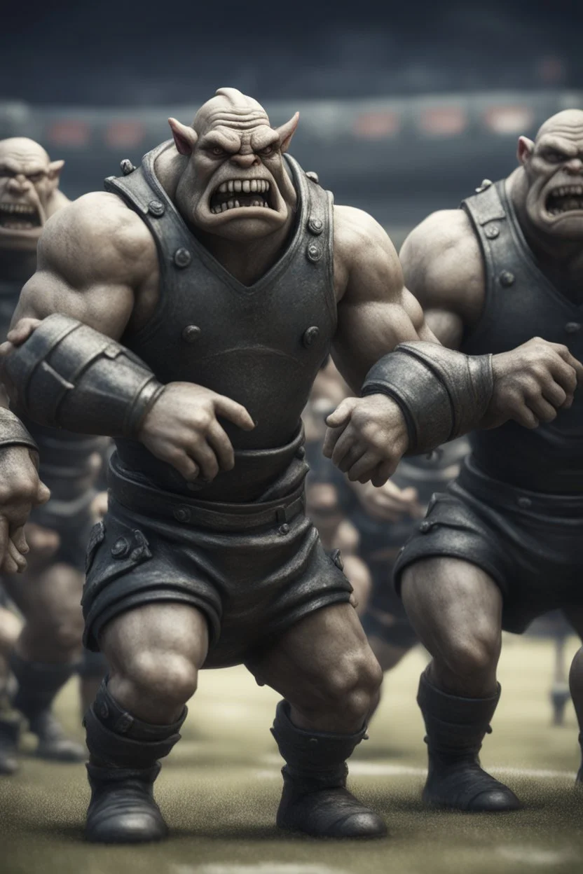 hyper violent ogre rugby team in the Olympics in the style of Giger and fallout 4 ,,bokeh like f/0.8, tilt-shift lens 8k, high detail, smooth render, down-light, unreal engine