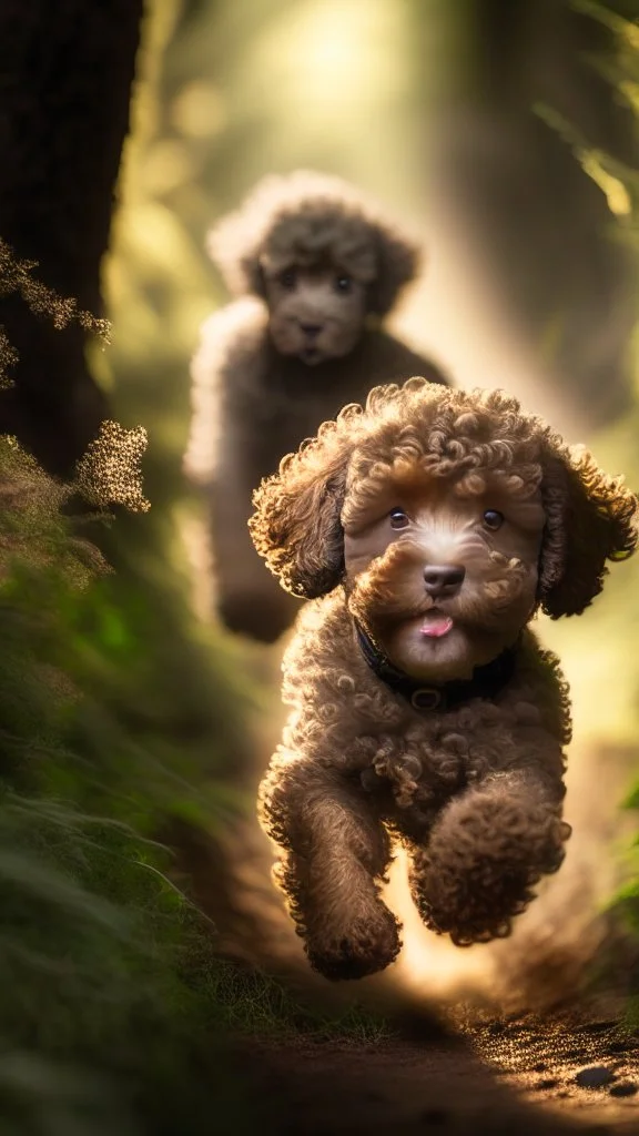 extreme close up photography of two cute puppy lagotto romagnolo happy dogs in a wood , running looking for truffles , in Tuscany Italy , photorealistic, backlight, 35mm lens