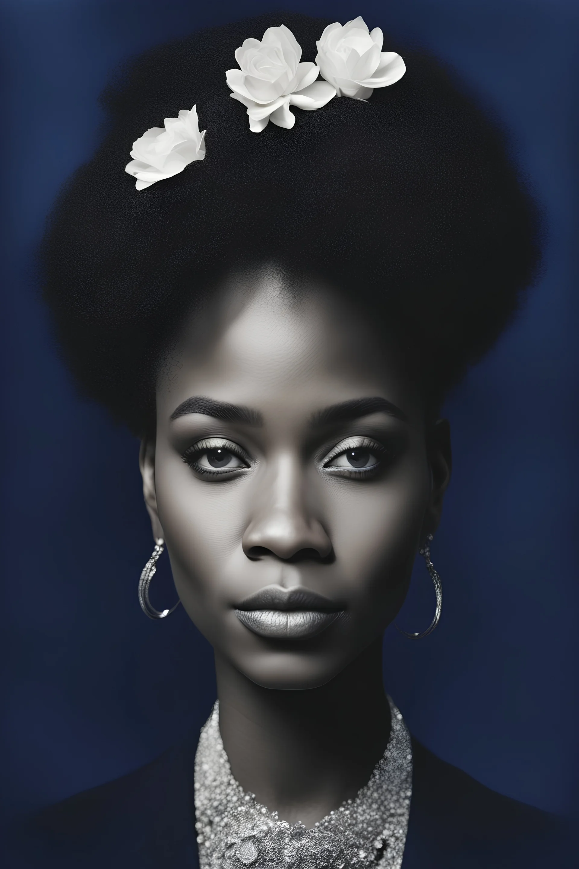 An extremely formal, funeral program written in French for a black woman (include a front photograph of a beautiful lightly tanned biracial black woman) on darkest blue deeply pigmented velvet paper with brilliant, brightest heavy bright shining platinum calligraphy fonts, simple, minimalistic, less element, very dramatic lighting, very detailed, 3d effect,
