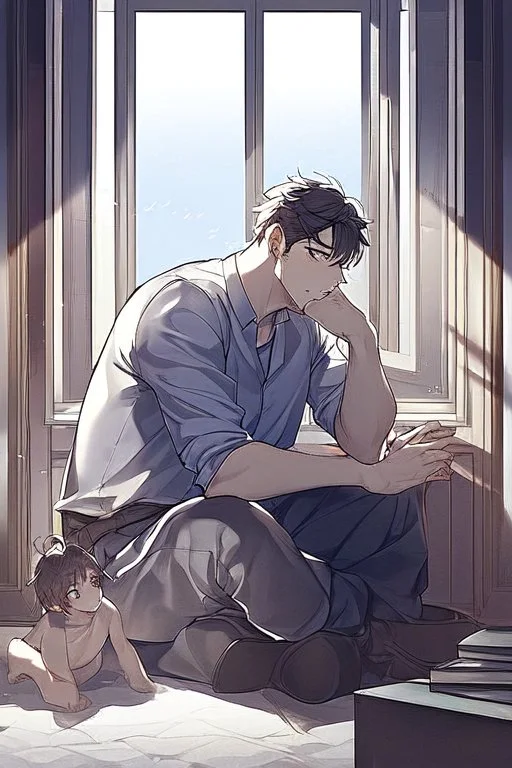 a depressed boy looking at the moon at night sitting on his window