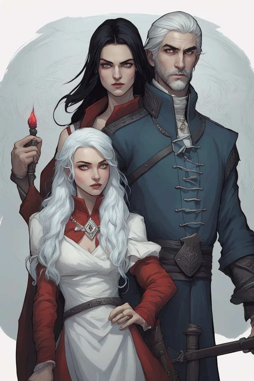 A couple, from the dnd game curse of Strahd. The woman has long white hair and blue eyes, the man has LONG BLACK hair and red eyes, no facial hair. He is standing protectively behind her.