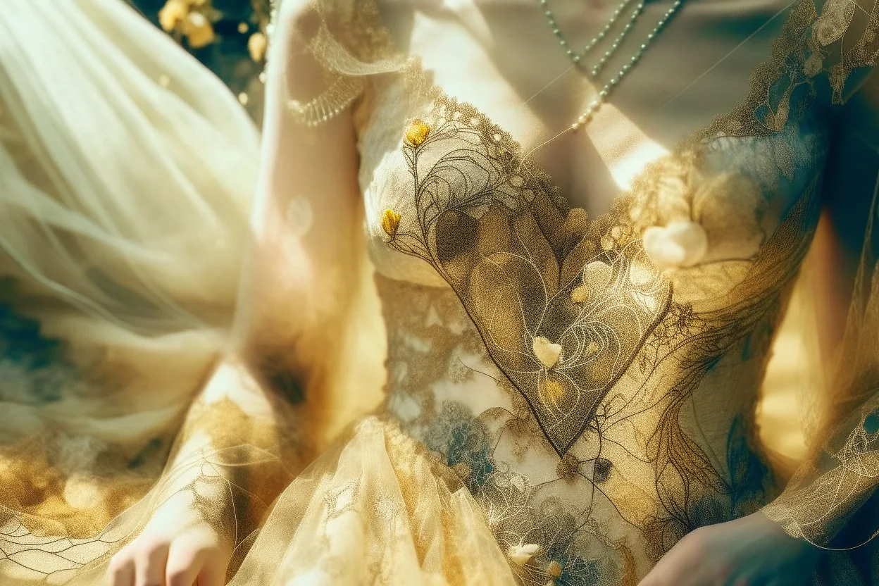 double exposure, merged layers, Beautiful composition of different fabrics, embroidered tulle with jewels, lace and raw pearls, silk, velvet, burlap, double exposure, heart, waterfall, golden glitters in sunshine