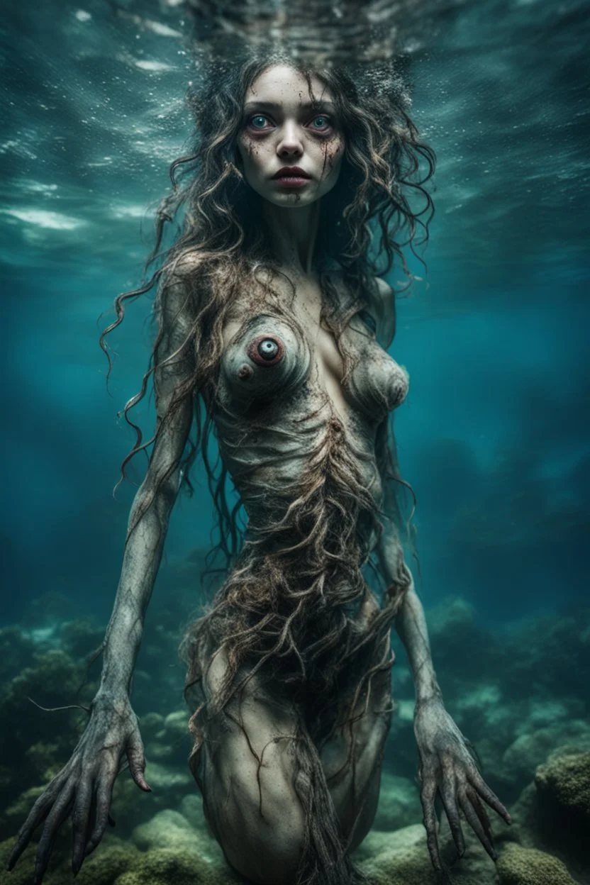 Country underwater, closeup fullbody siren with big eyes, ragged clothes, , his skin translucent, black veins that extended like roots, 8k,macro photography,