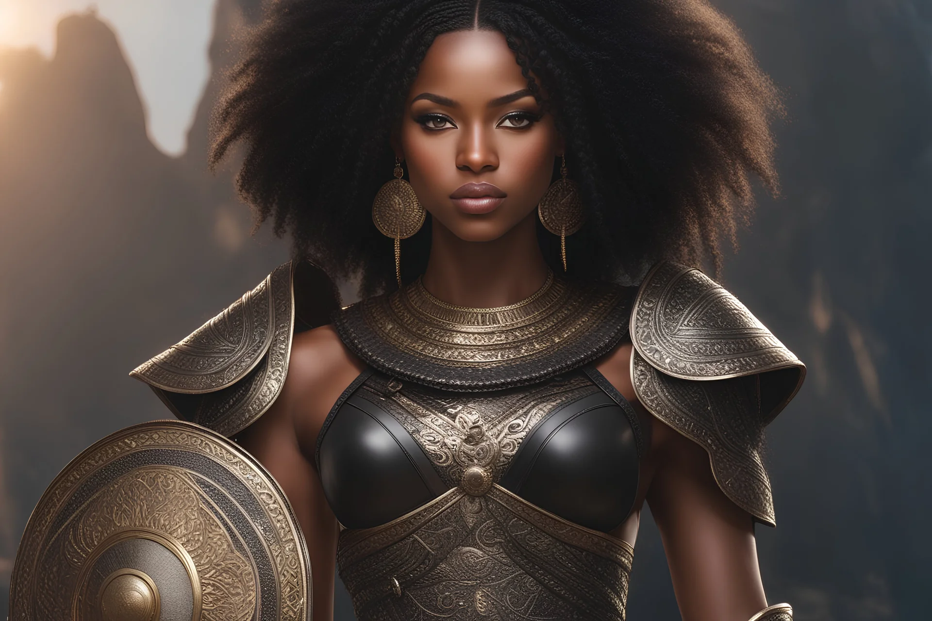 black braids, intricate Ashanti armor, detailed gorgeous face, beautiful African girl, medium length black hair, toned stomach, showing midriff, (photorealistic, photorealism), (8k, RAW photo, highest quality, masterpiece, ultra-high resolution, physics-based rendering),